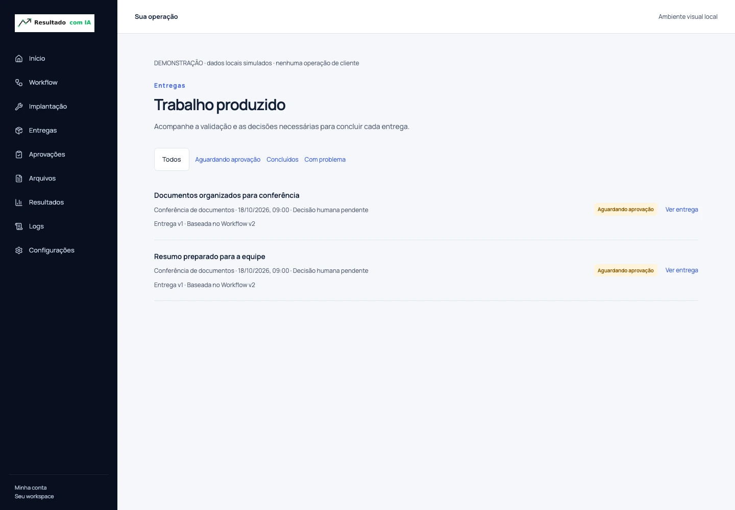 Interface real: lista de entregas aguardando aprovação.